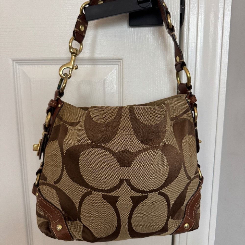 Vintage Coach Brown and Tan Monogram Shoulder Bag